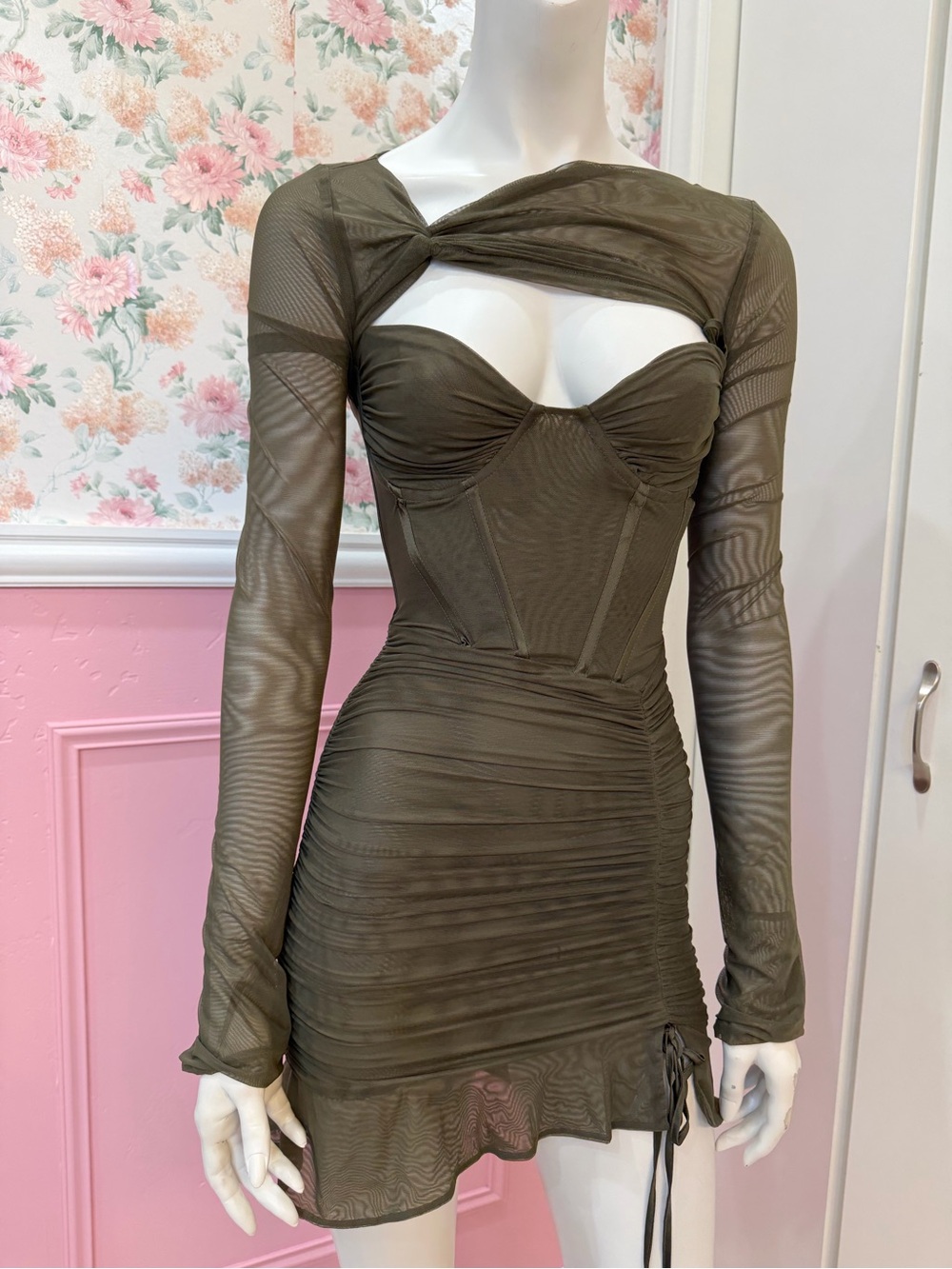 Long-Sleeve Olive Mesh Ruched Bodycon Dress with Cutout